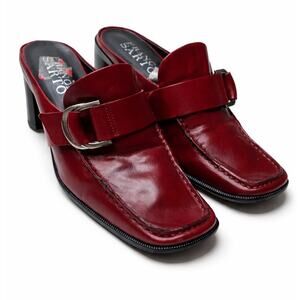 Franco Sarto Red Y2K Leather Mule Heels Square Toe Buckle Chunky Heels Size 7
